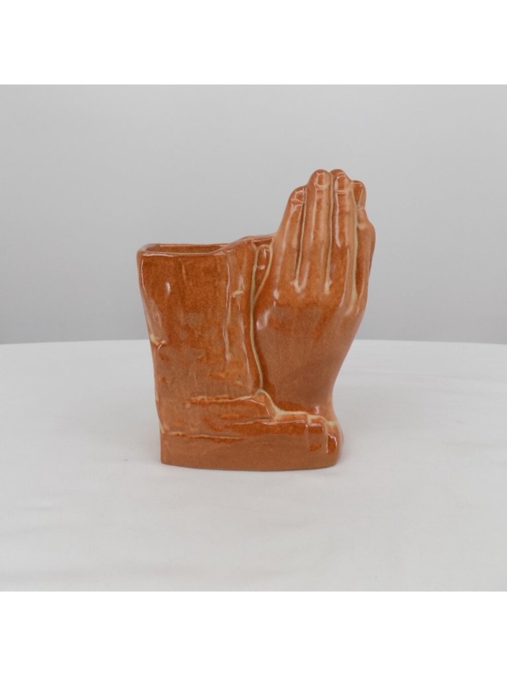 Praying Hands Vase Planter Tan Brown Vintage Pottery 6.5" Tall Religious Prayer